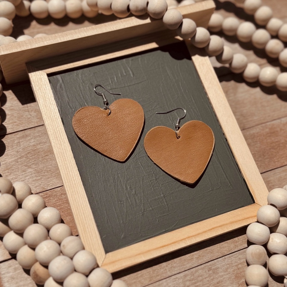 Heart-Shaped Tan Vegan Leather Earrings